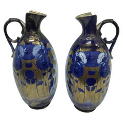 Antique Pair of Art Nouveau English Gold Blue and White Ceramic British Jugs, circa 1900