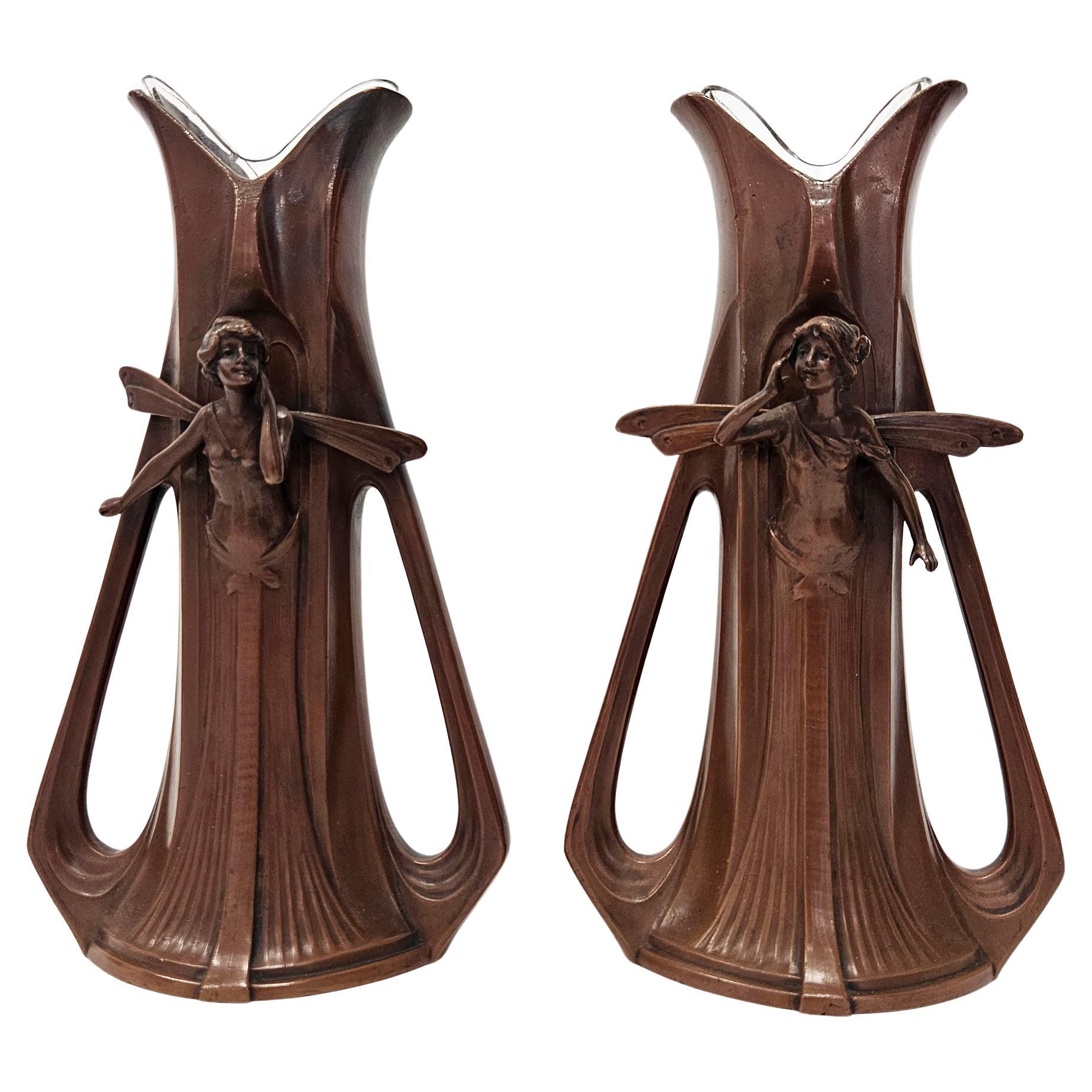 Pair of Art Nouveau Fairy Vases with Original Glass Liners, English, c. 1900