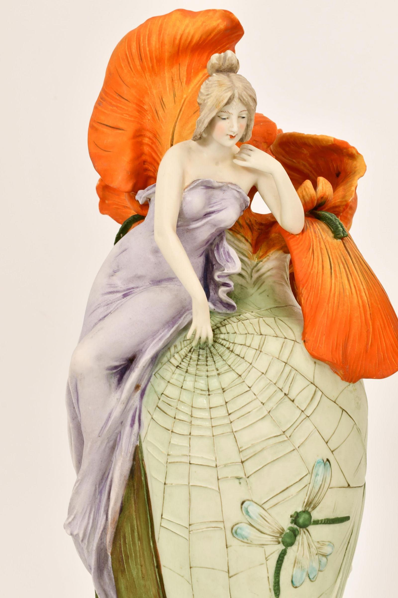 Ceco Pair of Art Nouveau Figurative Glazed Amphora Vases in vendita