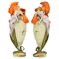 Pair of Art Nouveau Figurative Glazed Amphora Vases
