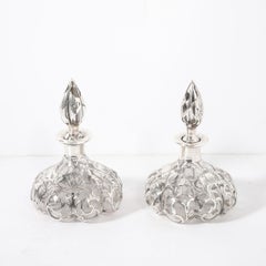 Pair of Art Nouveau Fine Sterling Overlay Perfume Bottles signed Steuben