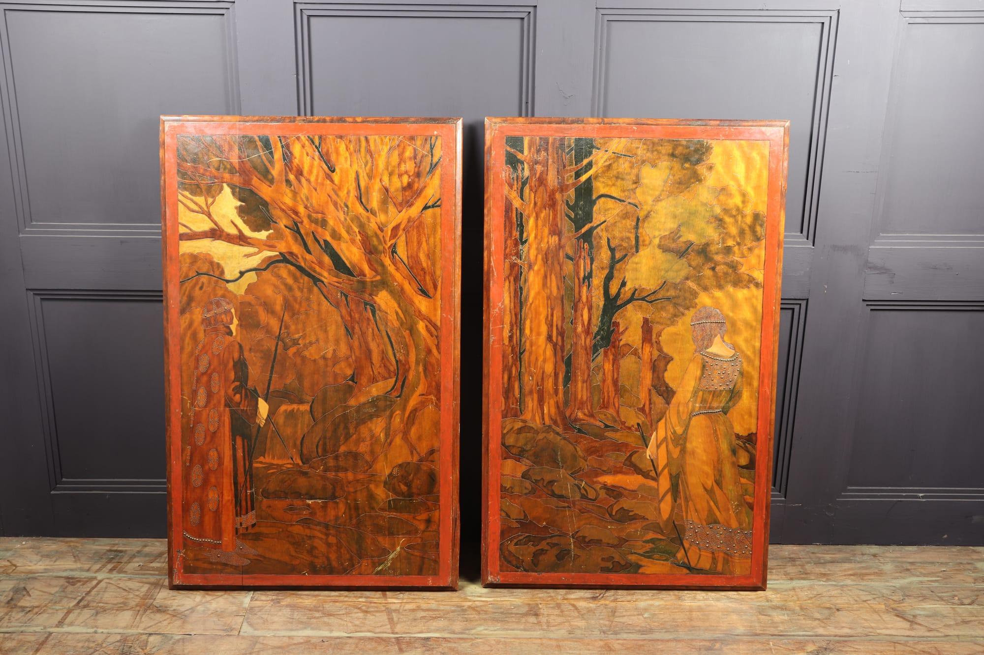 A pair of solid wood pyrography pictures with inlay and stud-work, age related wear produced in France around 1900 original condition

Age: 1900

Style: Art Nouveau

Material: Wooden Panels

Origin : France

Condition: Age related