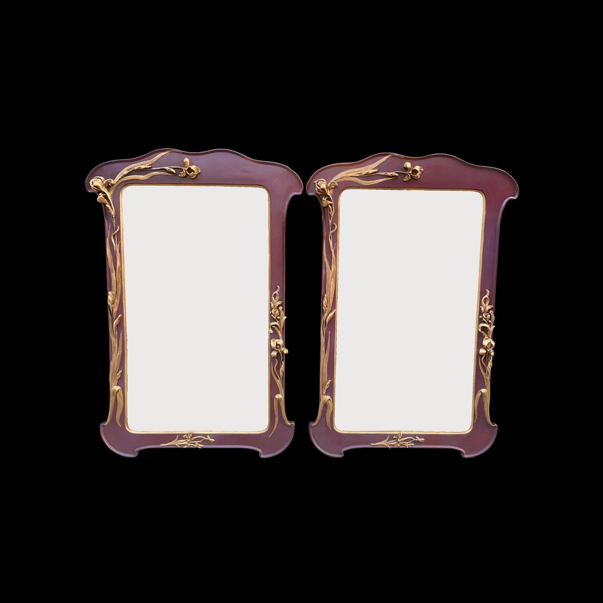 French Pair of Art Nouveau frames mirror with Iris attributed to Louis Majorelle For Sale