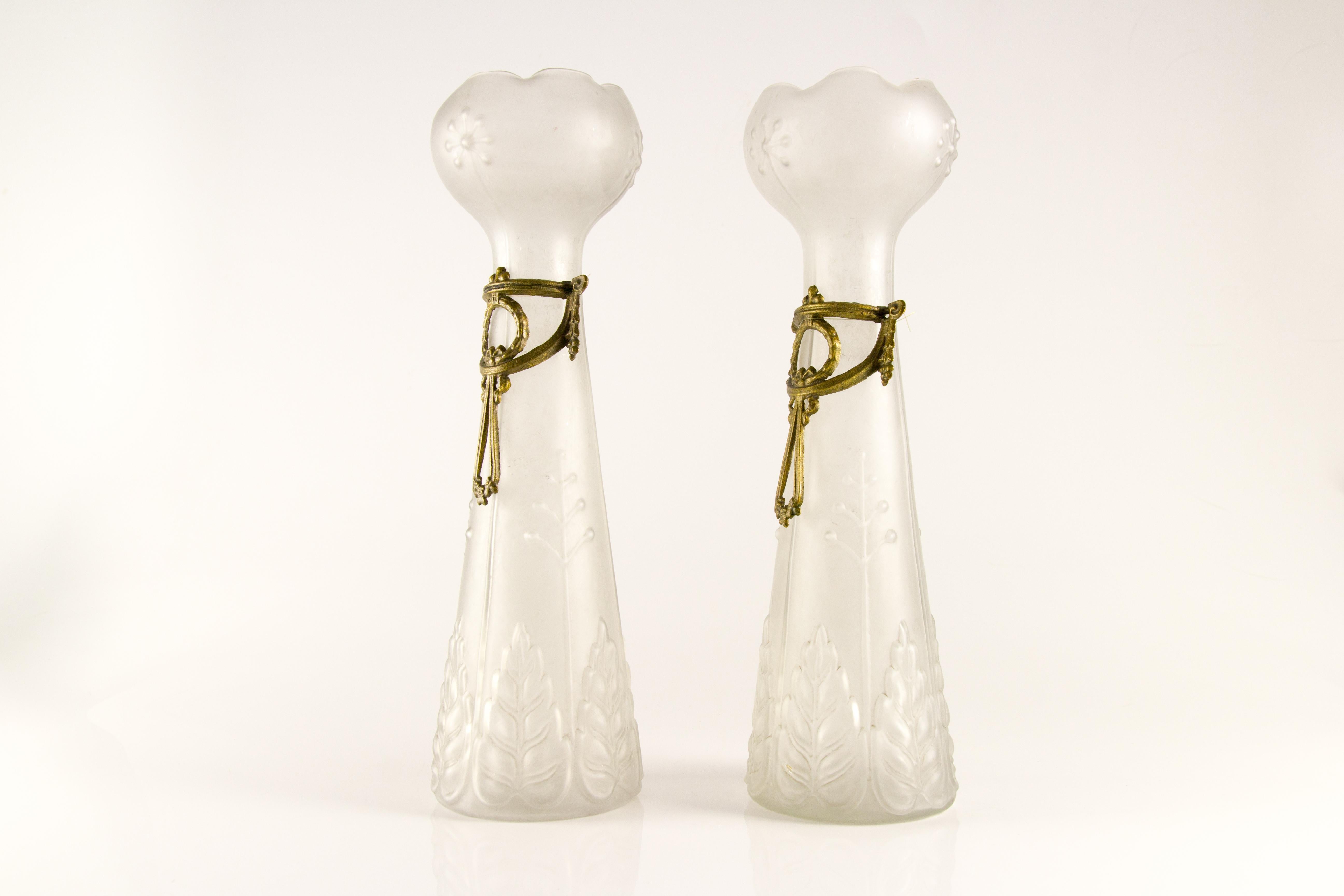 Brass Pair of Art Nouveau Frosted Glass Vases
