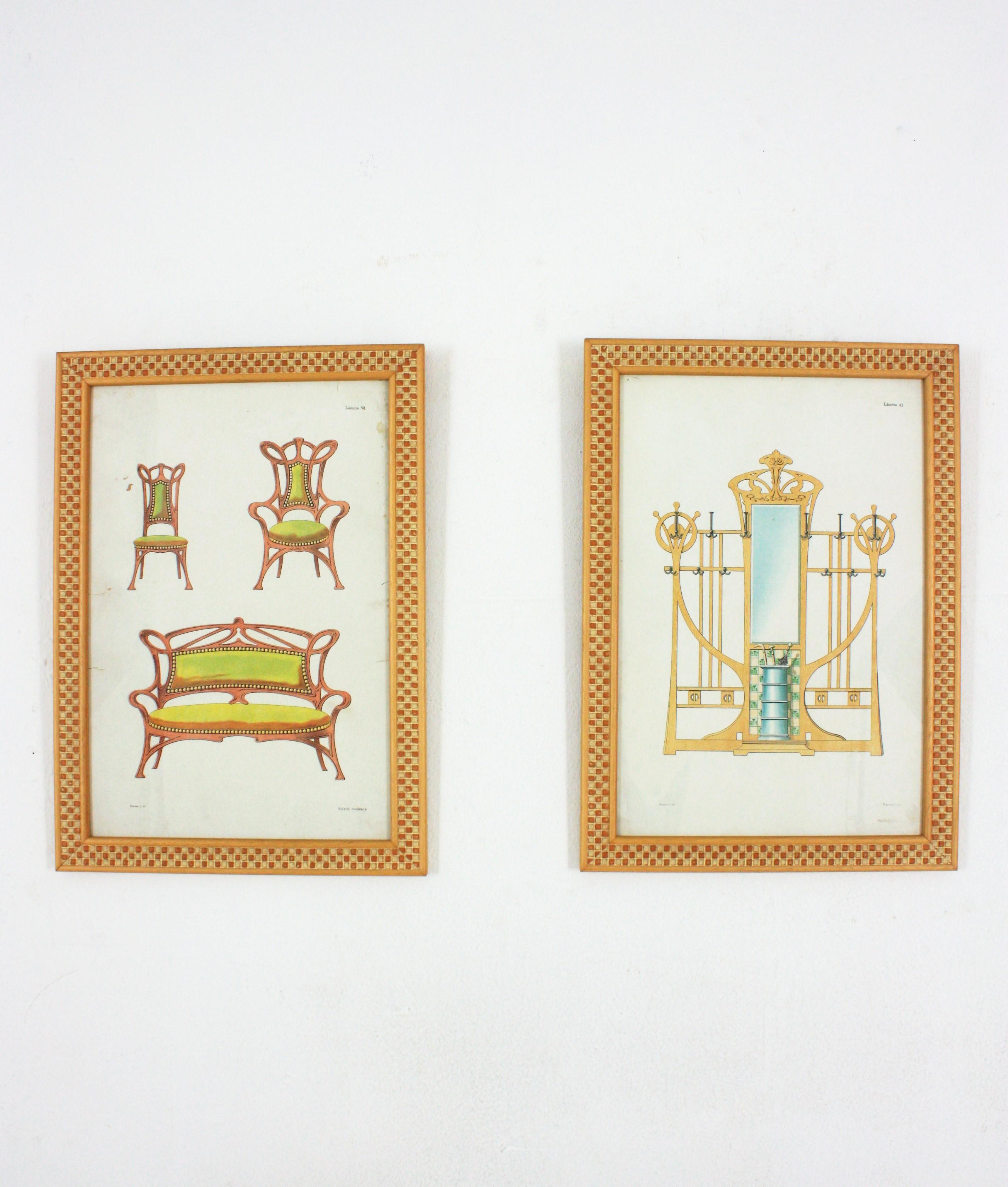 Unmatching pair of framed prints representing Art Nouveau furniture. Spain, 1920s-1930s
Newly framed arround 20 years ago.
Measures: 47 cm H x 33.5 cm W x 2 cm D (including the frame).
 