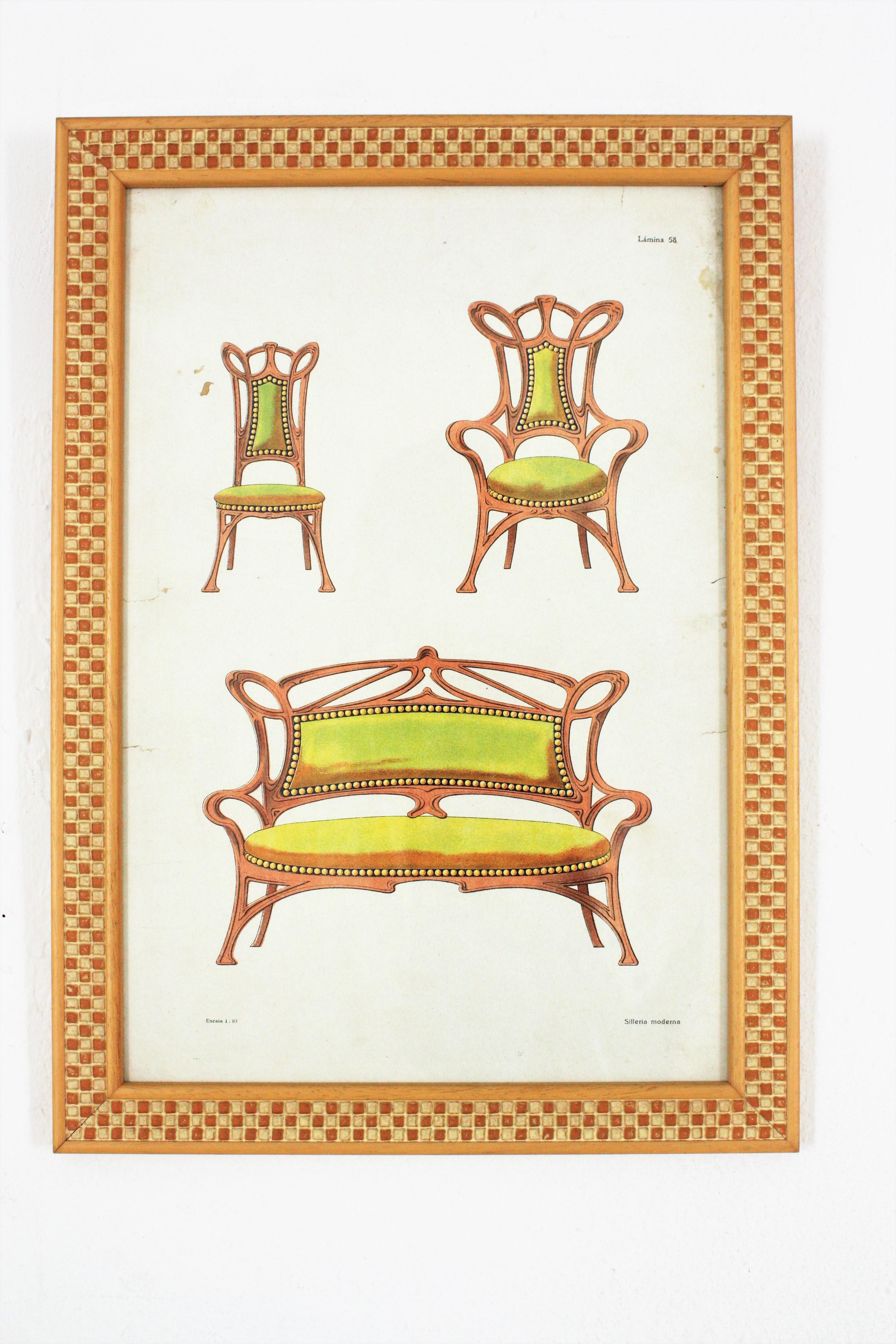 Art nouveau Paire d'estampes encadrées de meubles Art Nouveau en vente