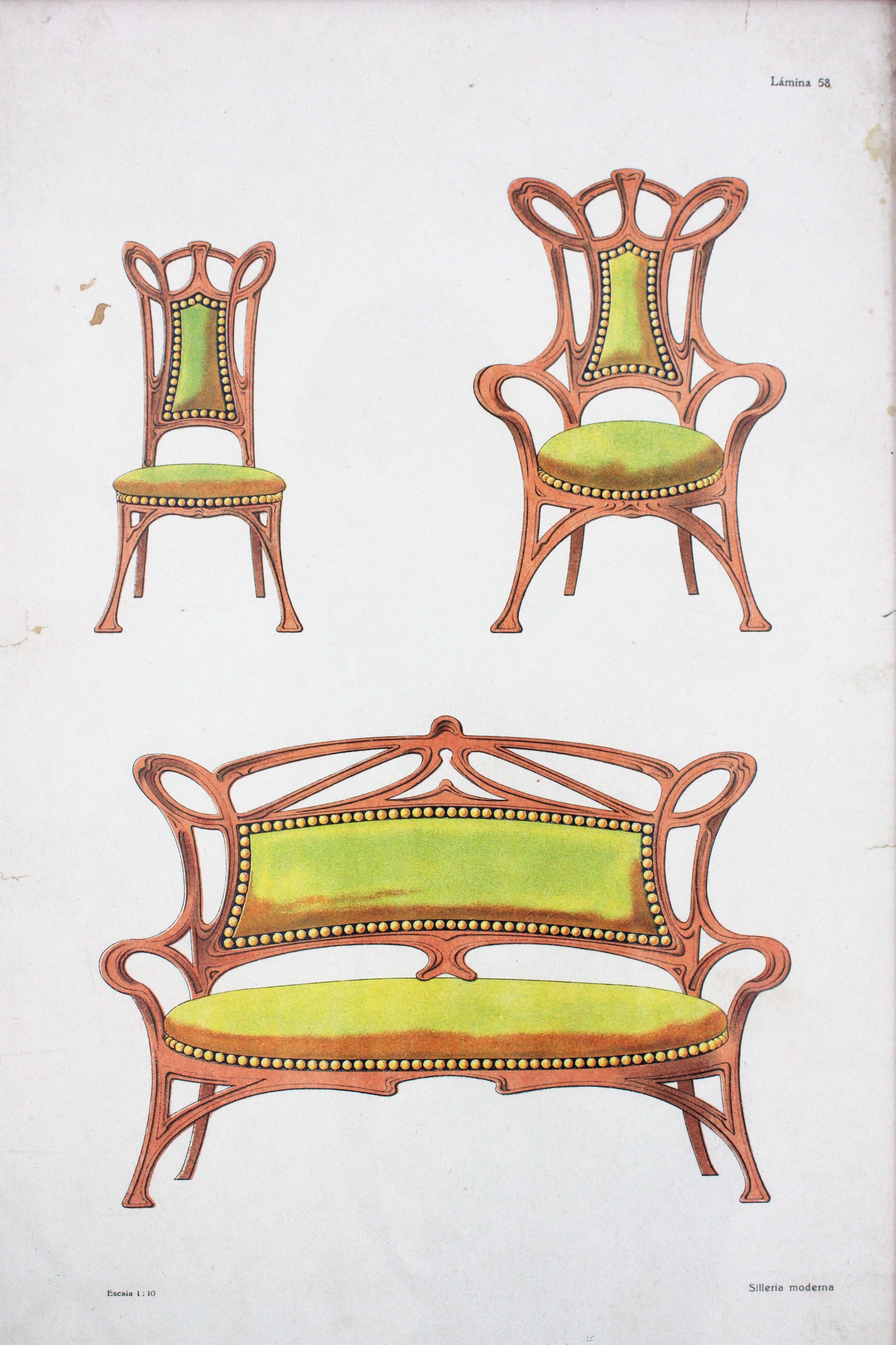20ième siècle Paire d'estampes encadrées de meubles Art Nouveau en vente
