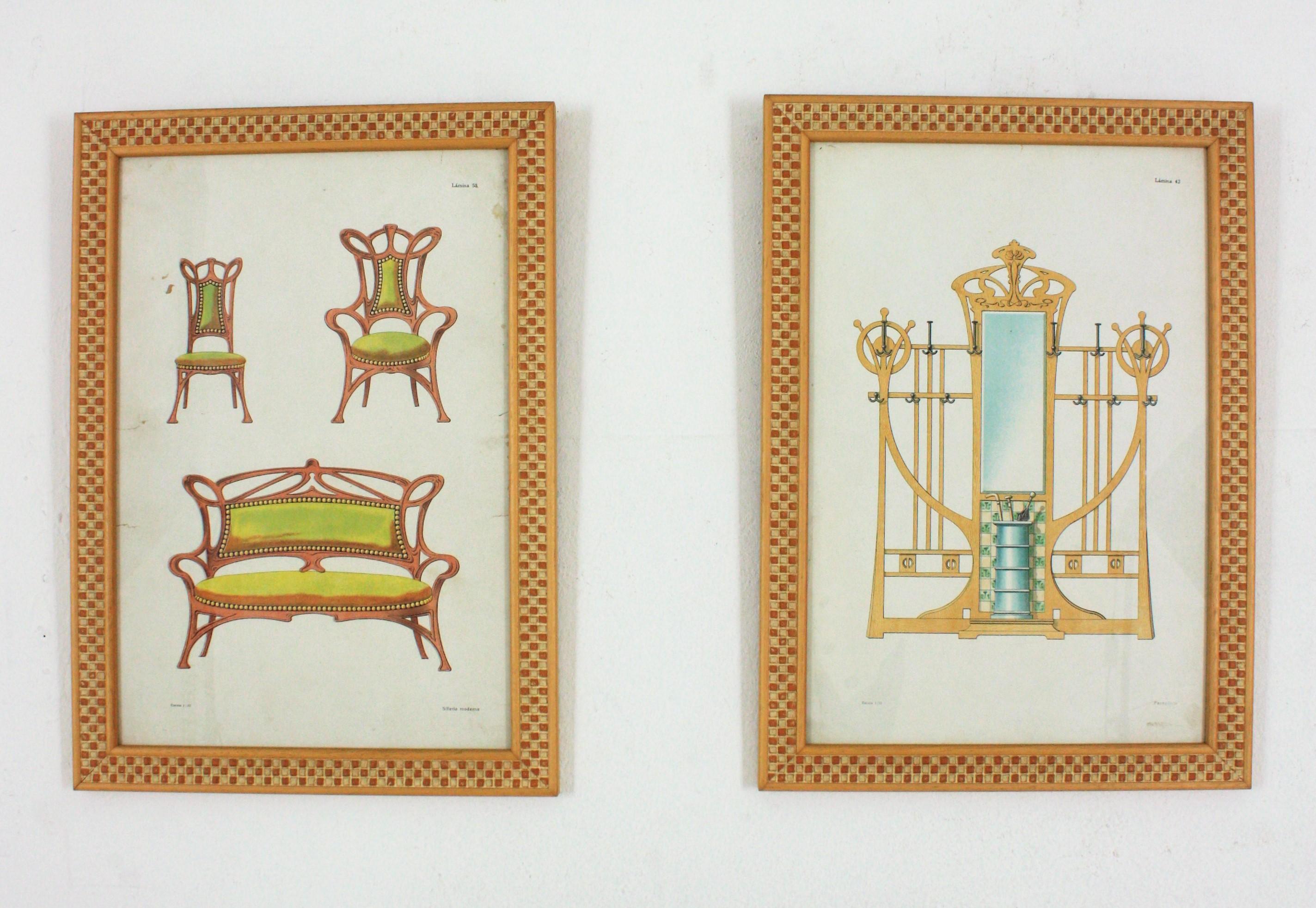 Bois Paire d'estampes encadrées de meubles Art Nouveau en vente
