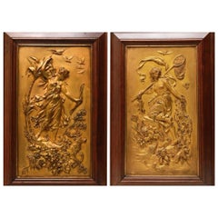 Antique Pair of Art Nouveau Gilt Bronze Plaques by Franz Xaver Bergmann