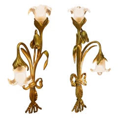 Pair of Art Nouveau Gilt Bronze and Blown Glass 1900s Wall Lights