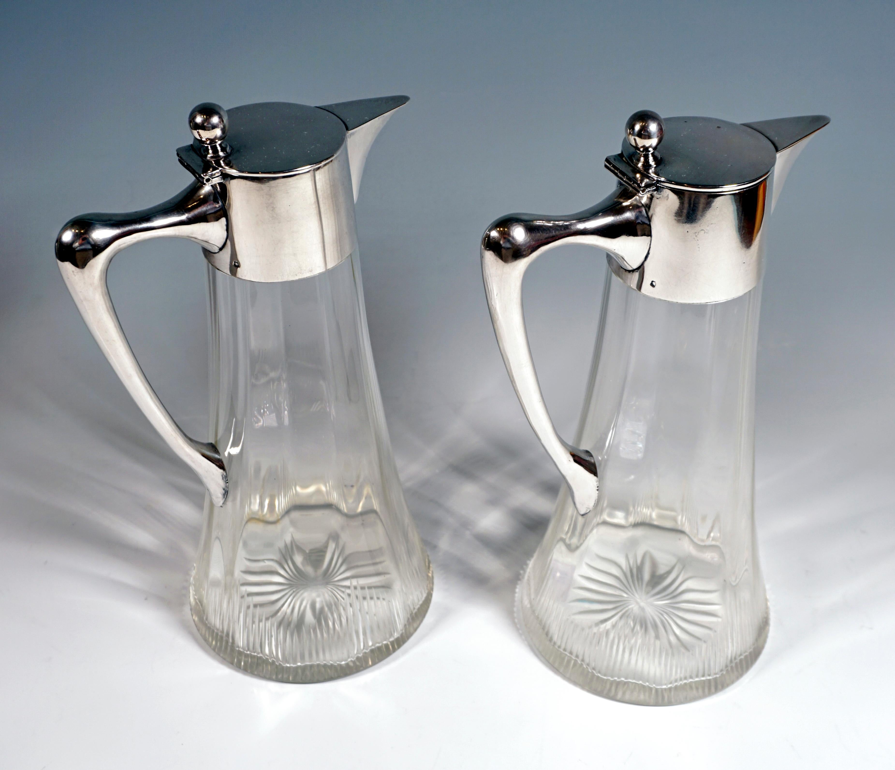 Austrian Pair of Art Nouveau Glass Carafes with Silver Fittings, by Ferdinand Vogl Vienna For Sale