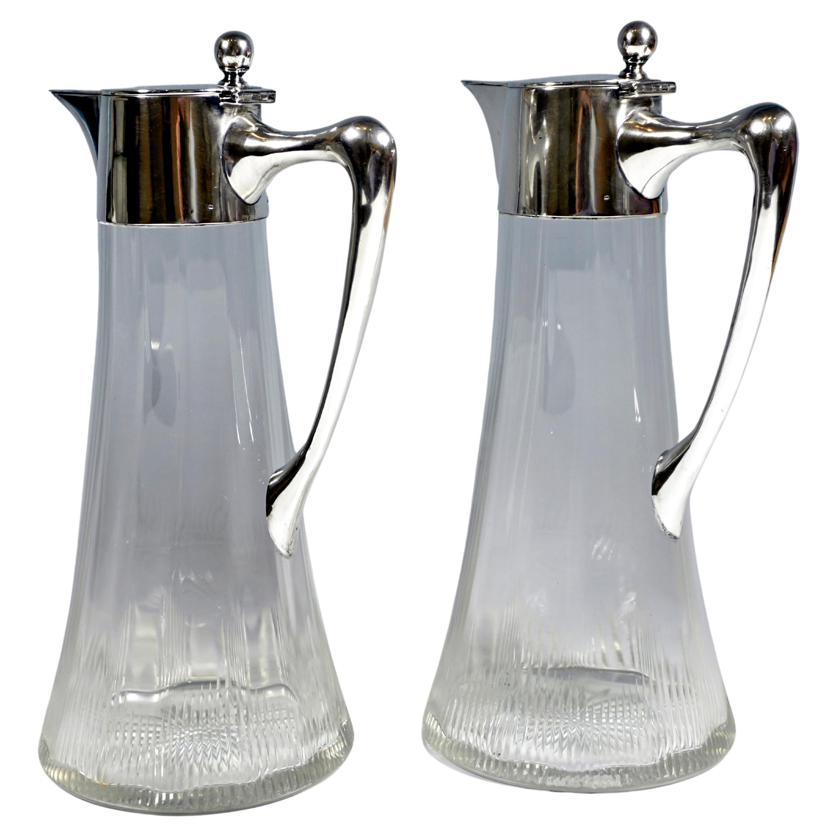Pair of Art Nouveau Glass Carafes with Silver Fittings, by Ferdinand Vogl Vienna