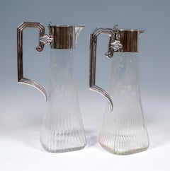Pair of Art Nouveau Glass Carafes with Silver Mounts, Gaston Bardiés Paris, 1900