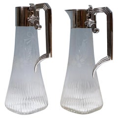 Pair of Art Nouveau Glass Carafes with Silver Mounts, Gaston Bardiés Paris, 1900