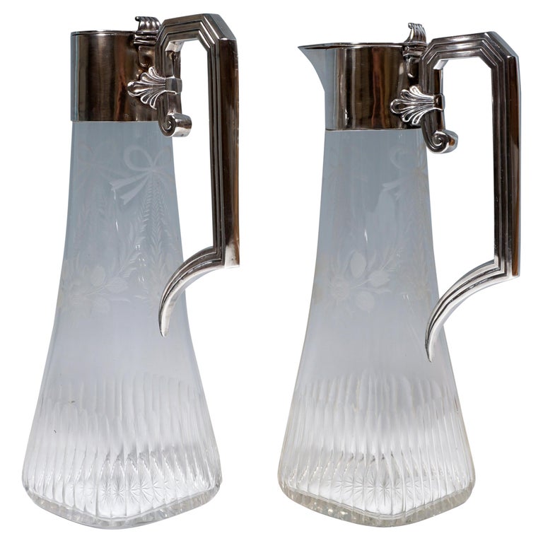 Pair of Art Nouveau Glass Carafes with Silver Mounts, Gaston Bardiés Paris, 1900 For Sale