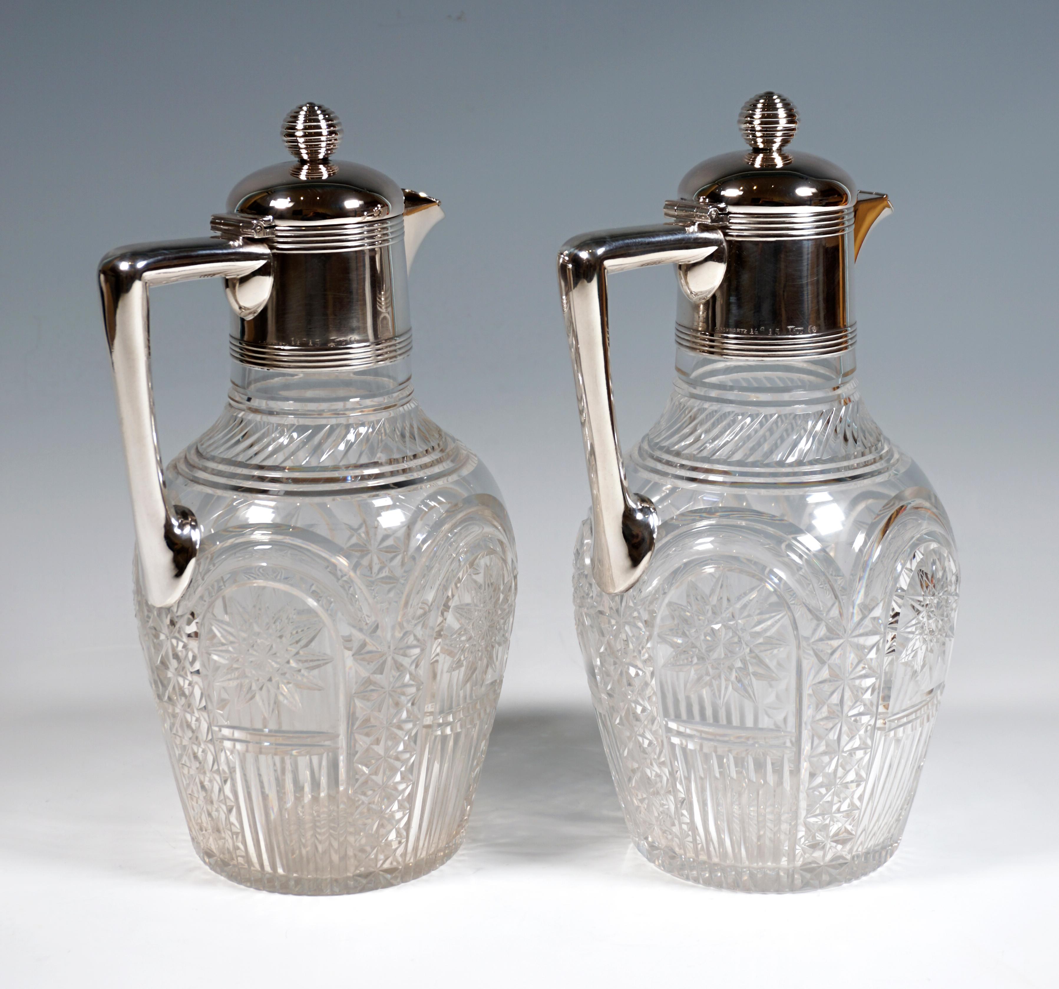 Hand-Crafted Pair of Art Nouveau Glass Carafes with Silver Mounts, Koch & Bergfeld, Germany For Sale
