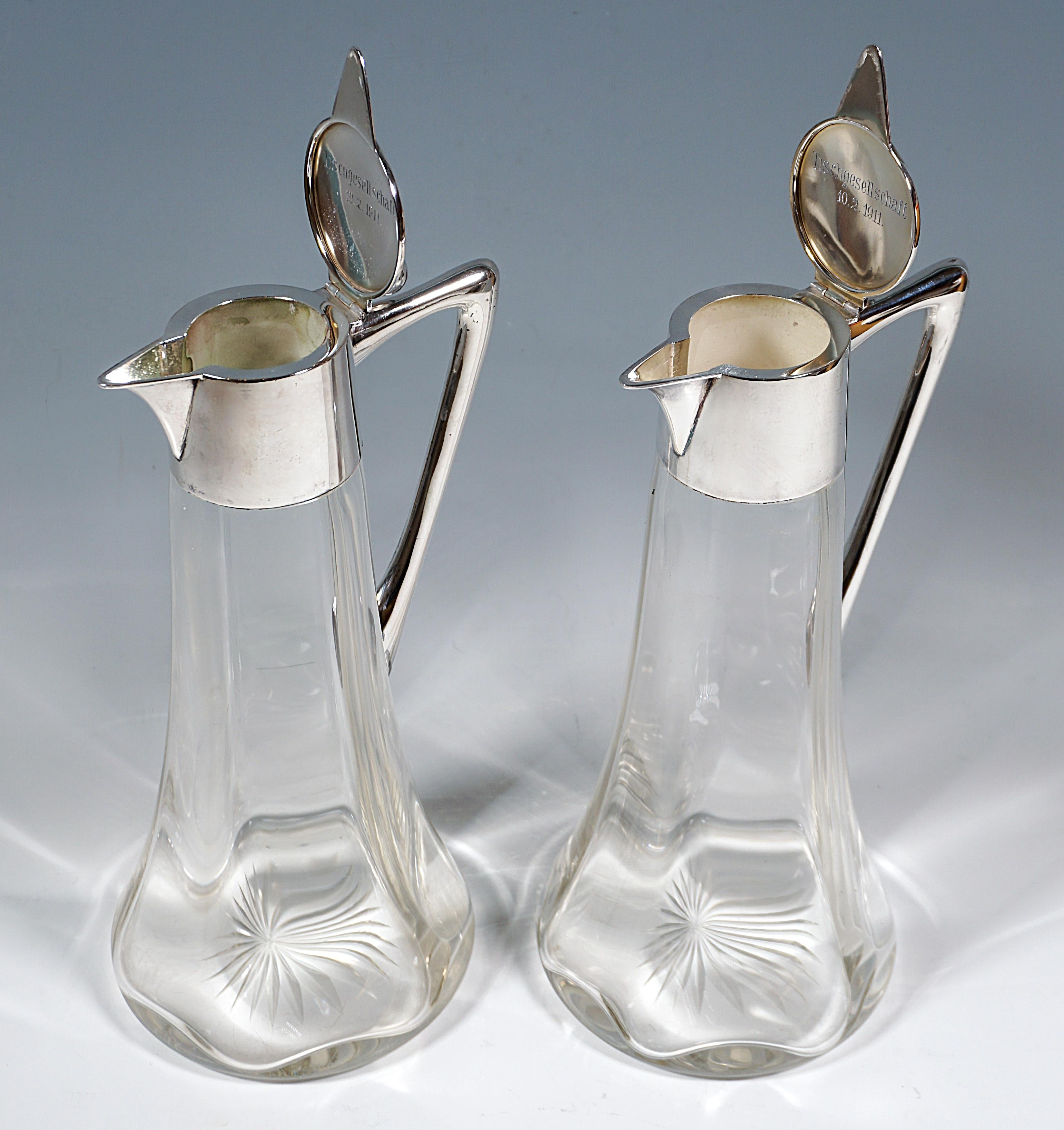 Allemand Paire de carafes en verre Art Nouveau avec garnitures en argent, Wilhelm Binder, Allemagne en vente