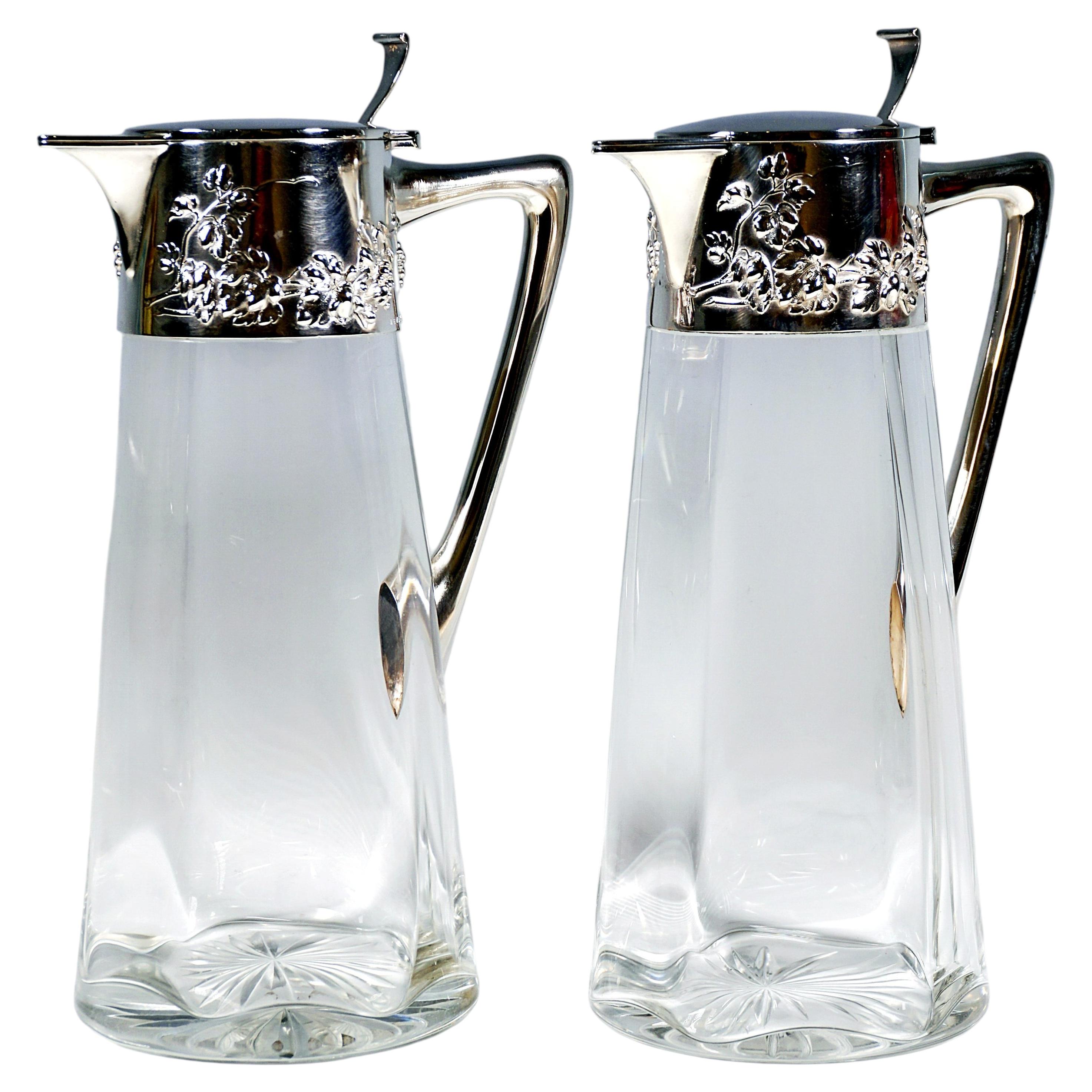 Pair Of Art Nouveau Glass Decanters With Silver Mounts, Wilhelm Binder, Germany