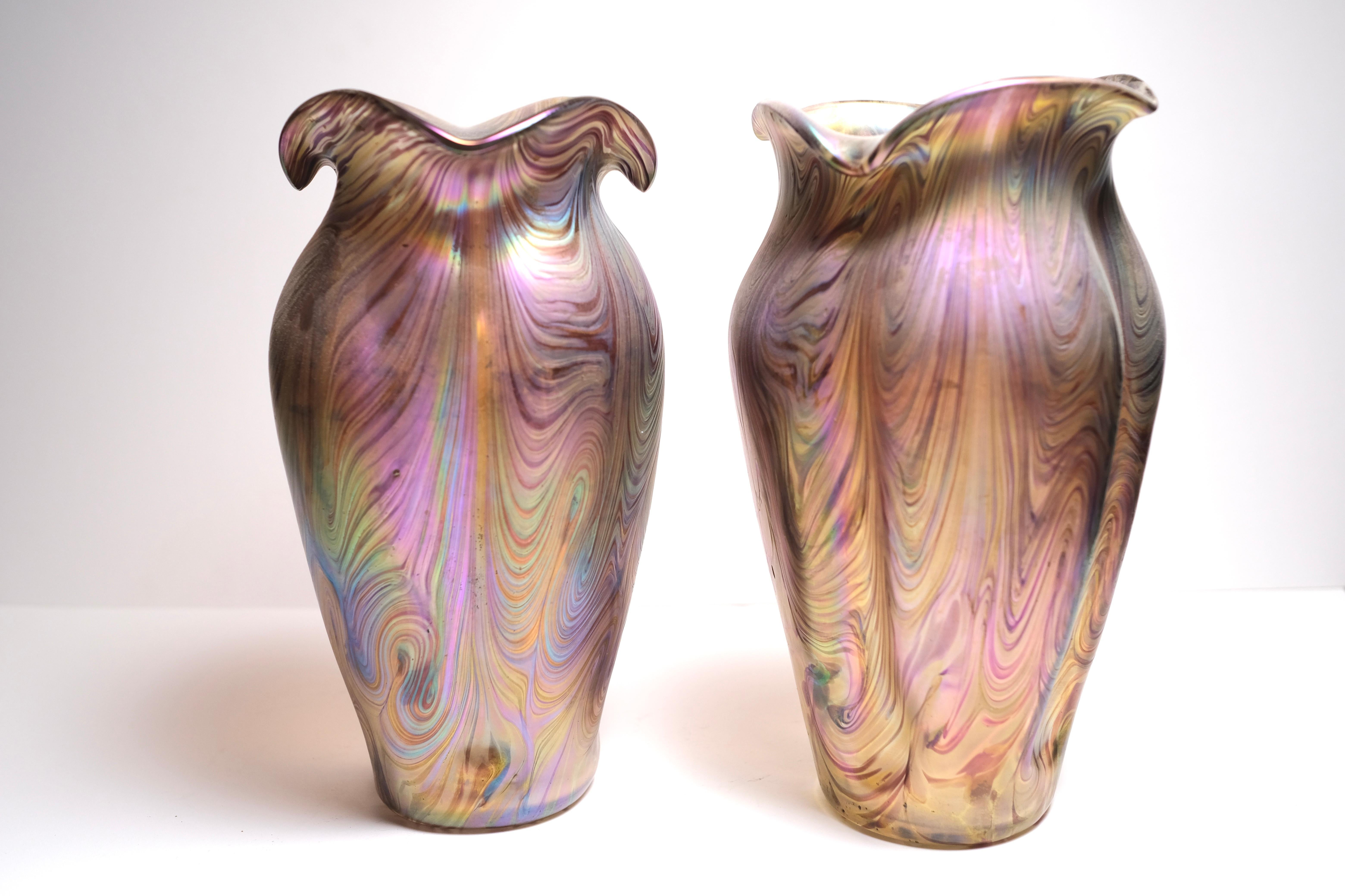 Hand-Crafted Pair of Art Nouveau Glass Vases For Sale