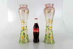 Pair of Art Nouveau Green and Pink Glass Vases with Flowers, France, circa 1920