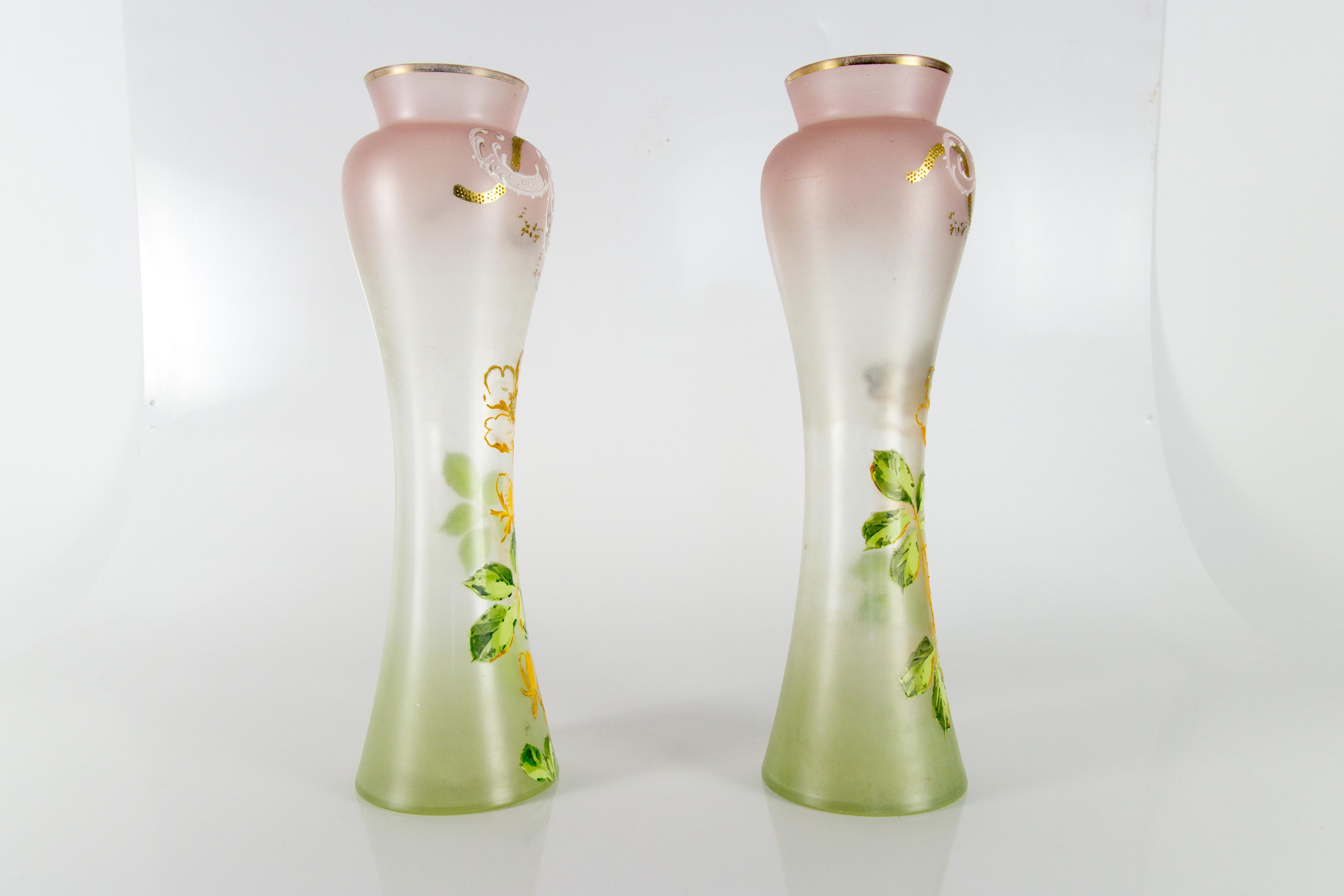 French Pair of Art Nouveau Glass Vases, France, circa 1920 For Sale