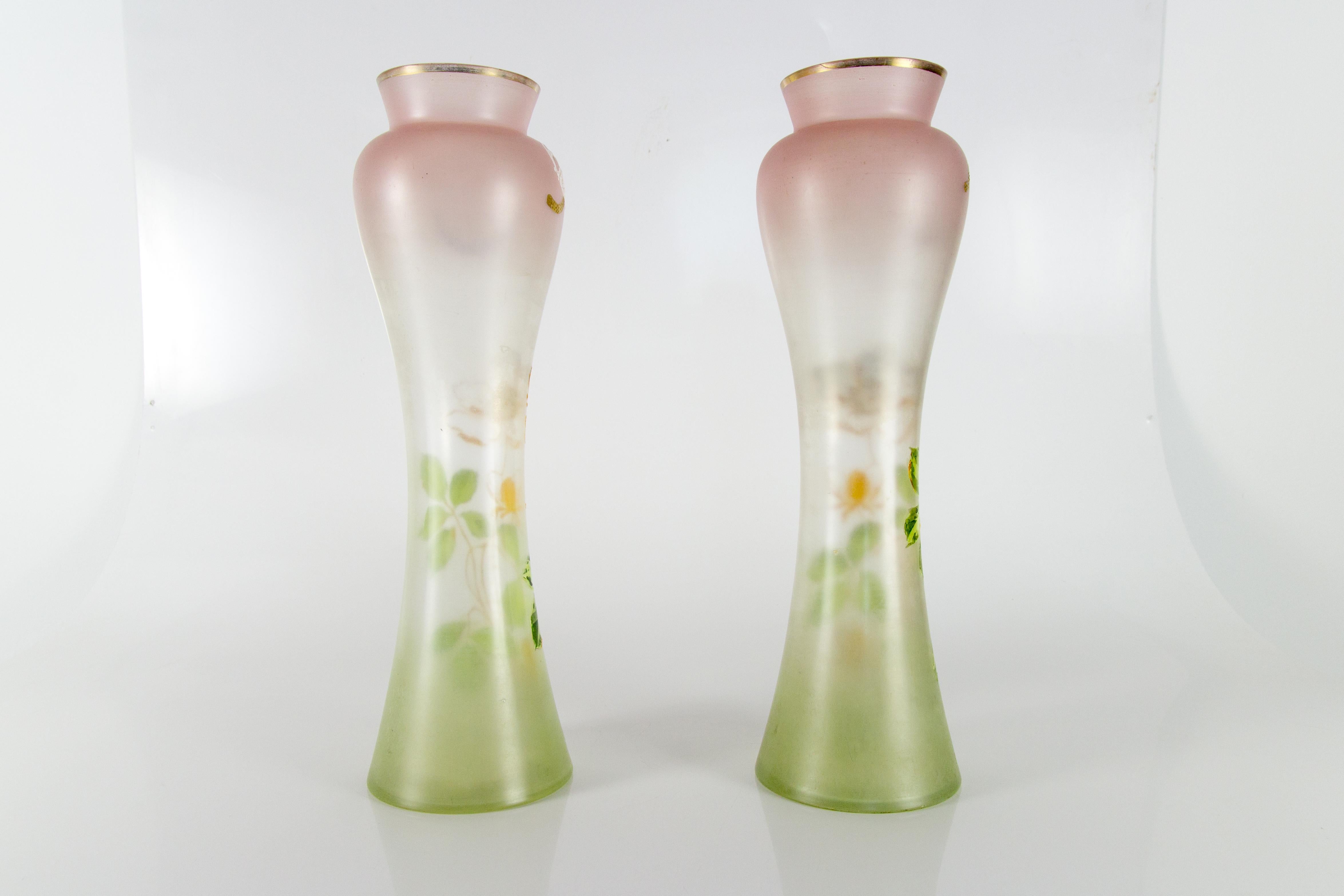 Hand-Painted Pair of Art Nouveau Glass Vases, France, circa 1920 For Sale
