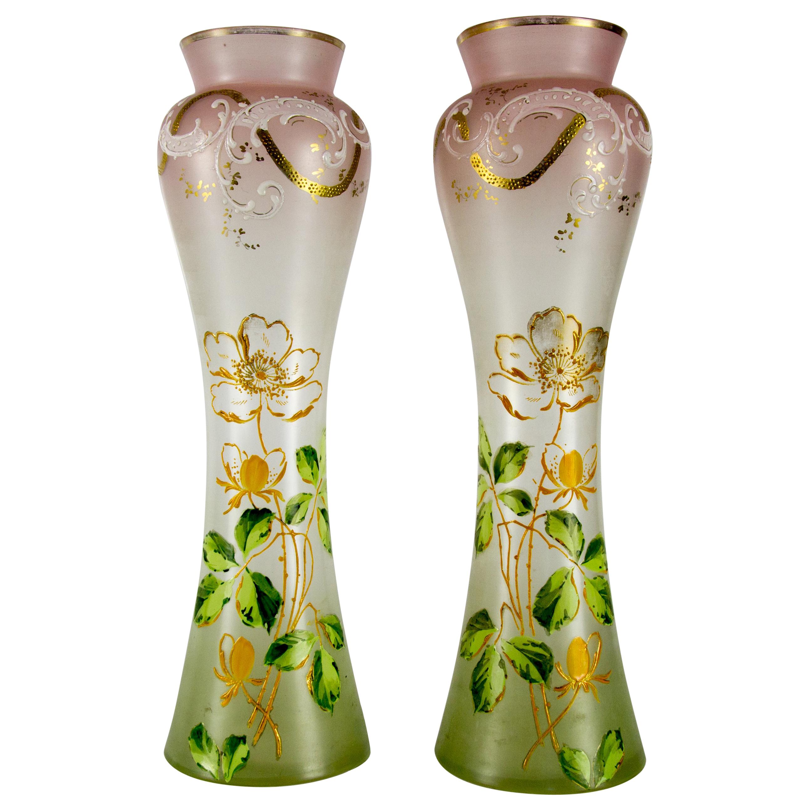 Pair of Art Nouveau Green and Pink Glass Vases with Flowers, France, circa 1920