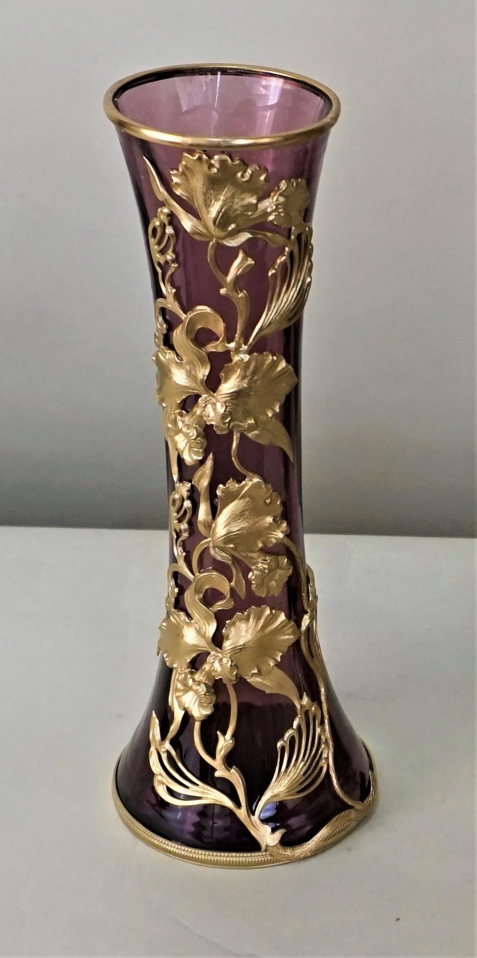 European Pair of Art Nouveau Glass Vases with Flower Bronze Overlay