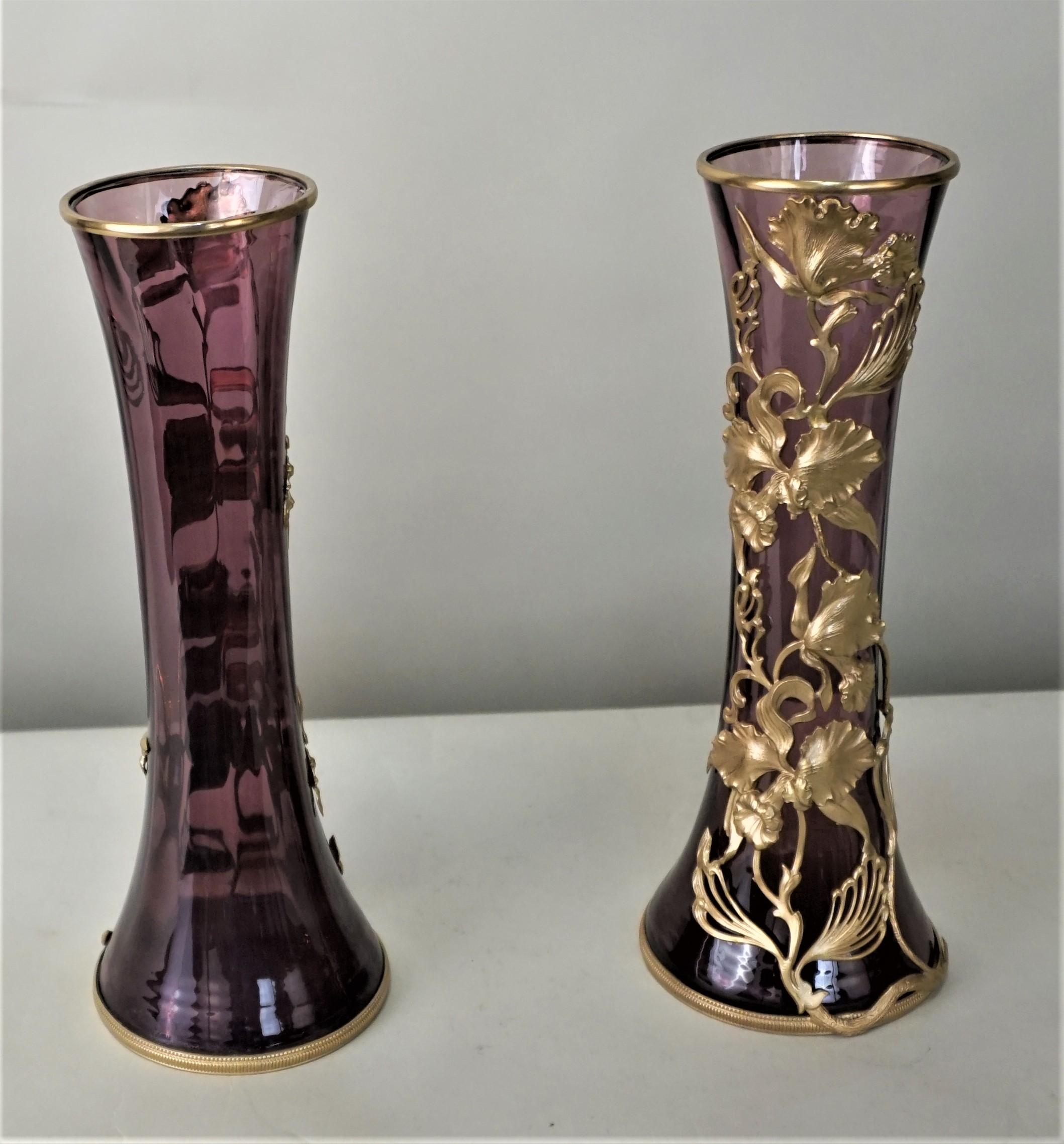 Early 20th Century Pair of Art Nouveau Glass Vases with Flower Bronze Overlay