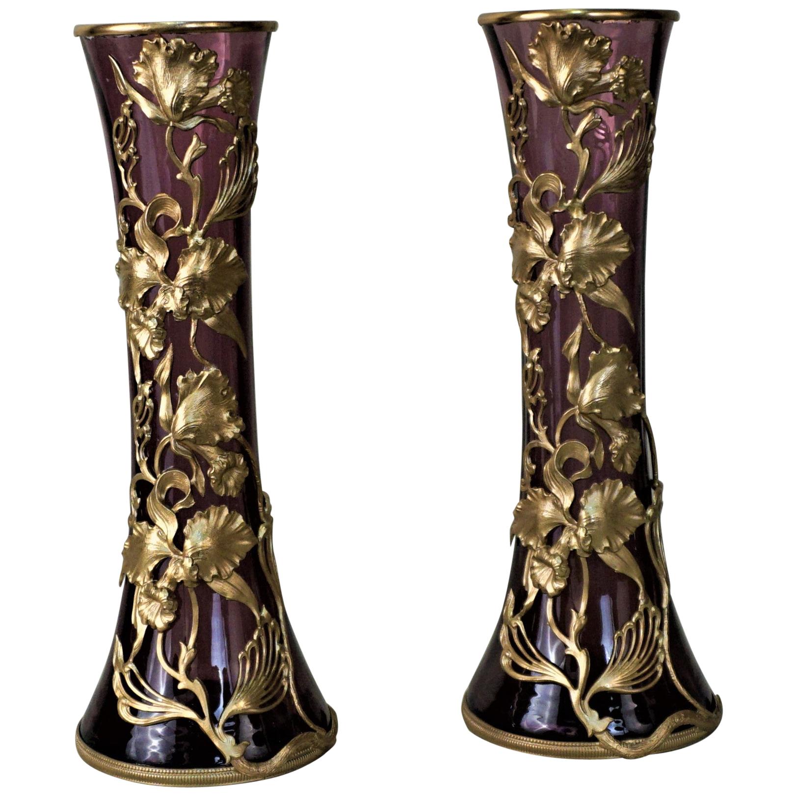 Pair of Art Nouveau Glass Vases with Flower Bronze Overlay