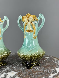 Pair Of Art Nouveau Glazed Ceramic Vases With Floral Decoration, 20th Century