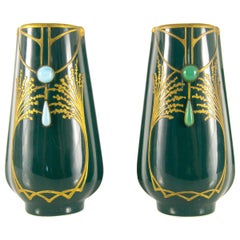 Pair of Art Nouveau Green Ceramic Vases Decorated with Glass Stones Pair of Art Nouveau Green Ceramic Vases Decorated with Glass Stones