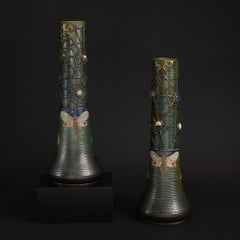 Pair of Art Nouveau Gres Bijou Butterfly & Spiderweb Tall Vases by RStK Amphora