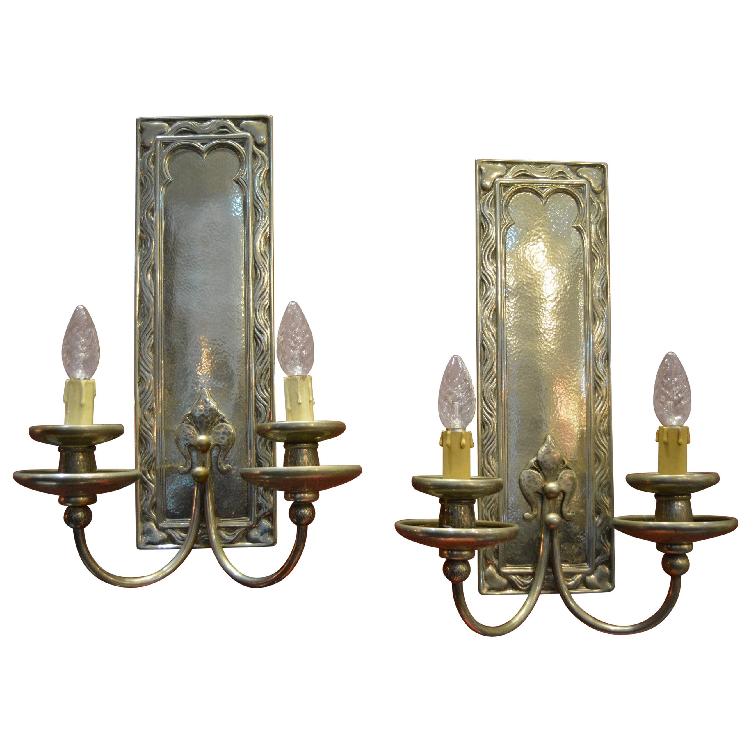 Pair of Art Nouveau Hammered Silver Plated Bronze Wall Light For Sale