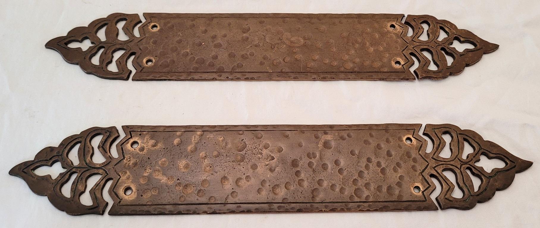 Hand-Crafted Pair of Art Nouveau Hand Beaten Bronze Door Push Plates For Sale