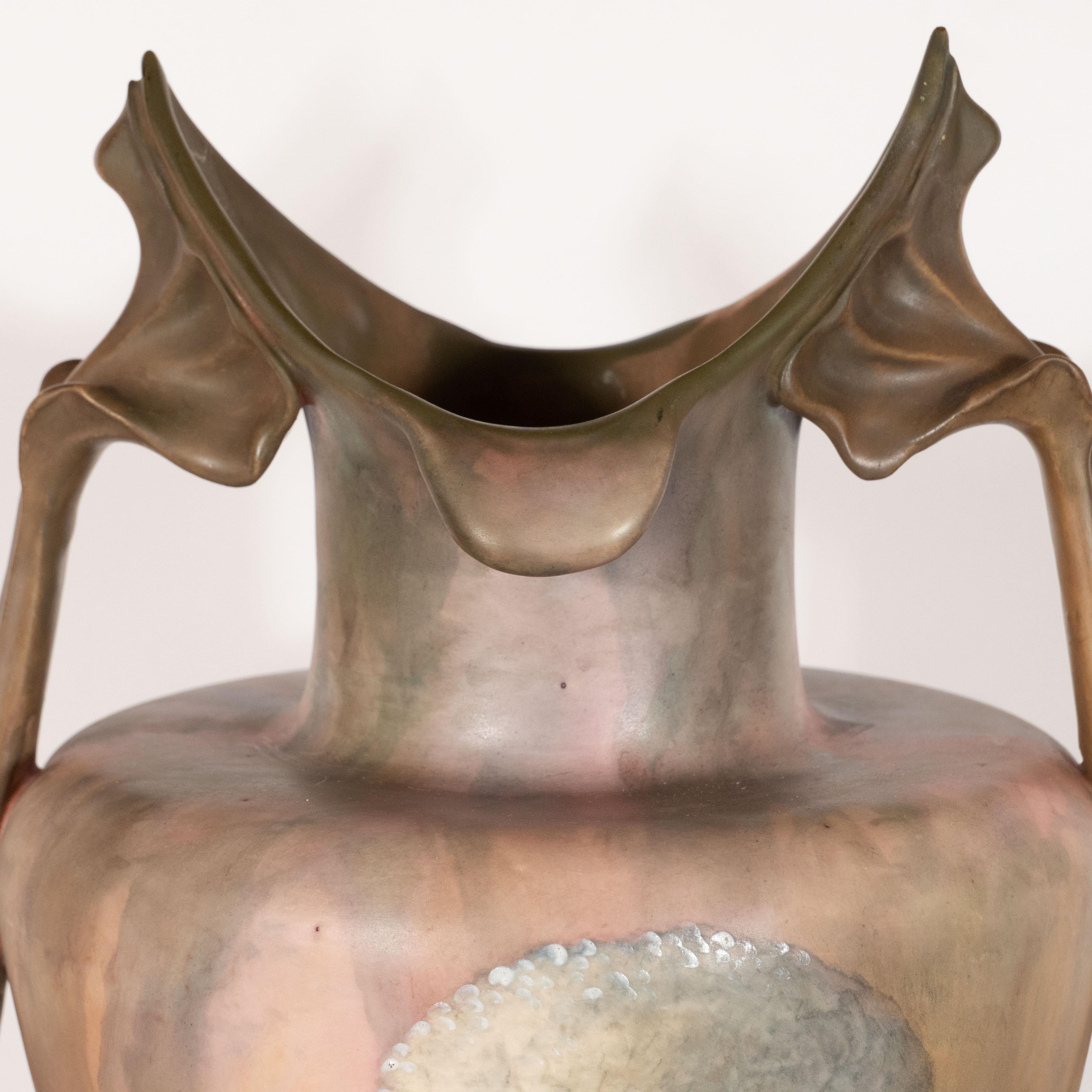 German Pair of Art Nouveau Hand Painted Sculptural Ceramic Vases by Royal Bonn