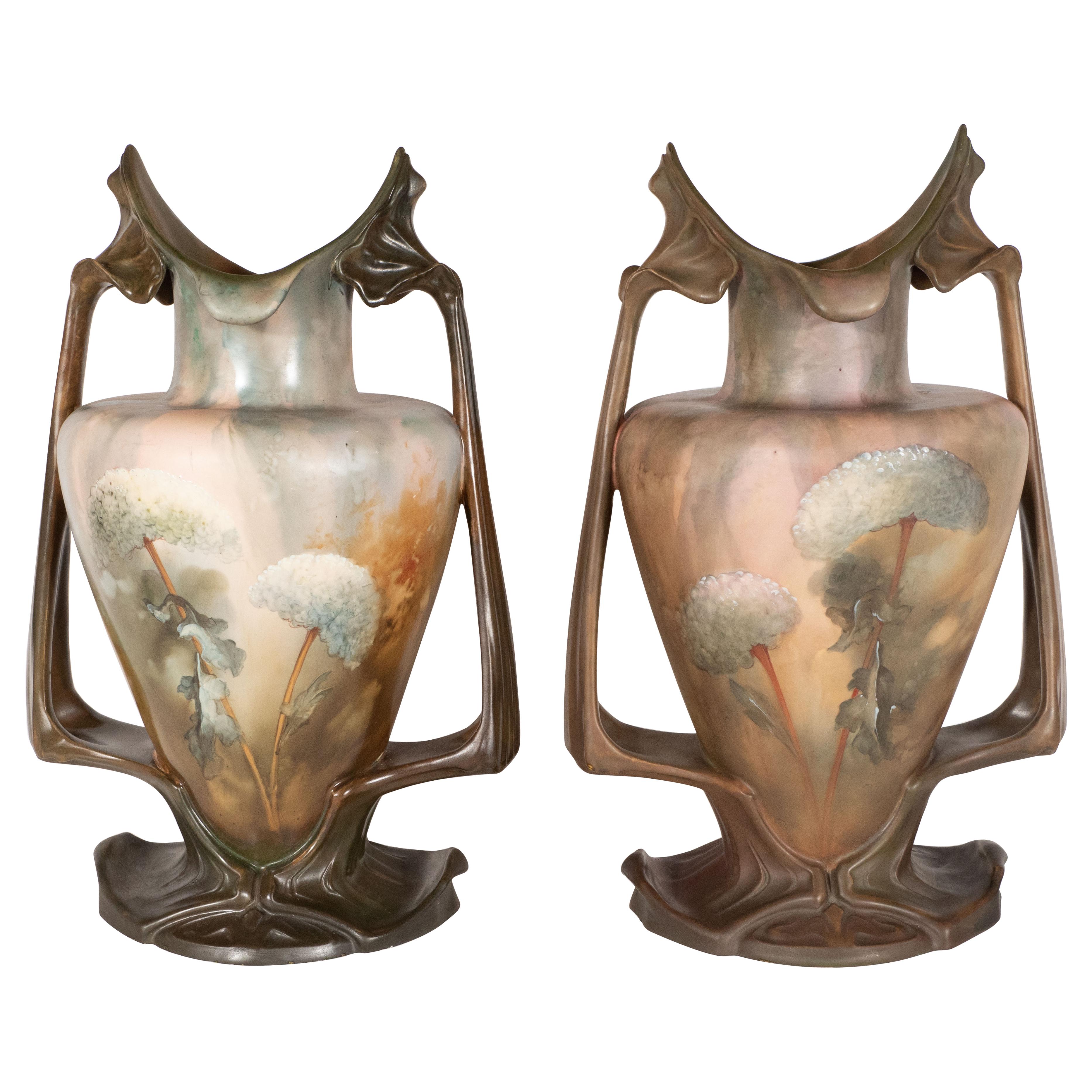 Pair of Art Nouveau Hand Painted Sculptural Ceramic Vases by Royal Bonn