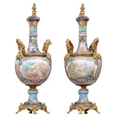  PAIR OF ART NOUVEAU INSPIRED ORMULU MOUNTED PORCELAIN URNS SIGNED by COLLOT