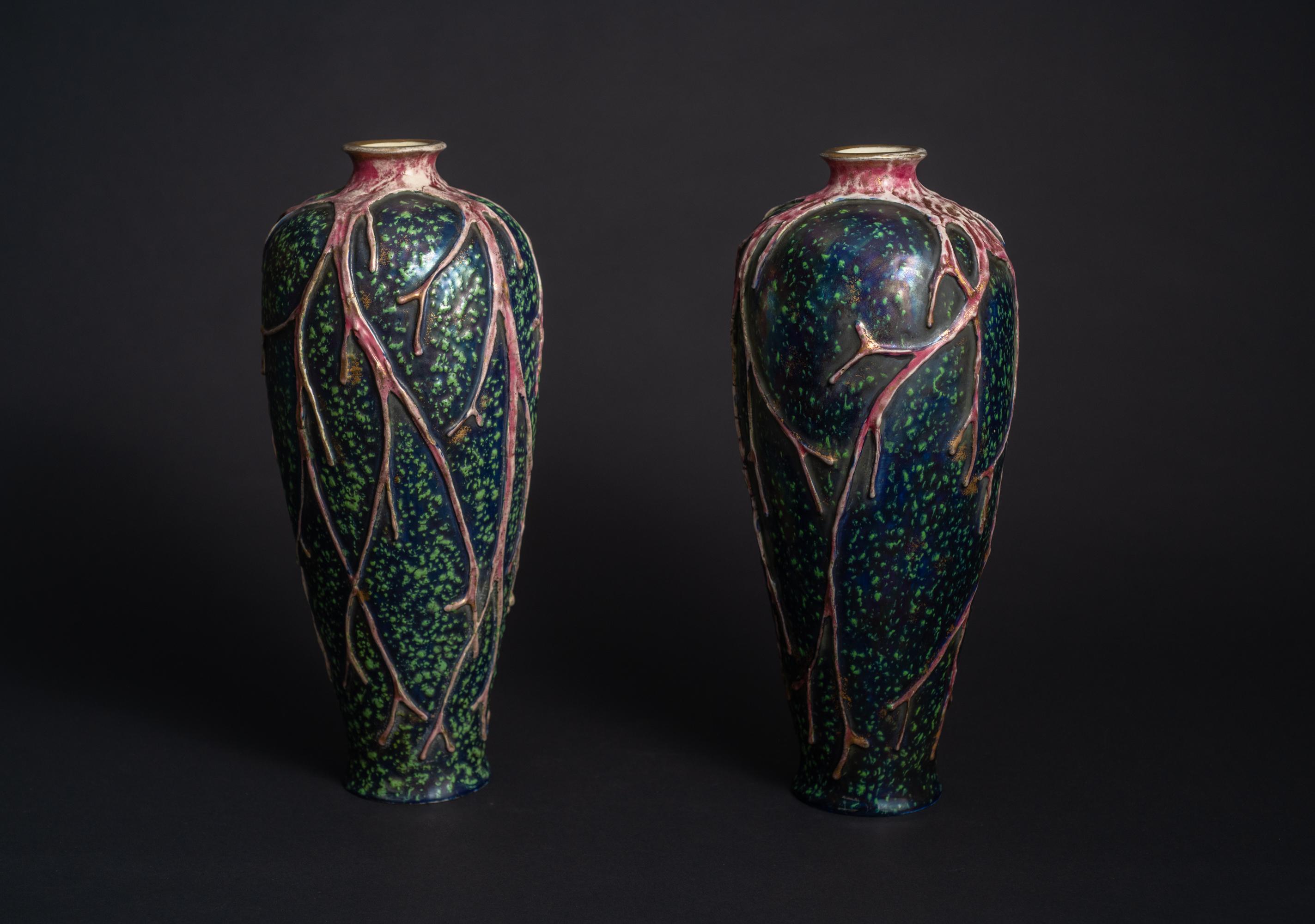 Austrian Pair of Art Nouveau Iridescent Vases with Stylized Seaweed Motif by RStK Amphora