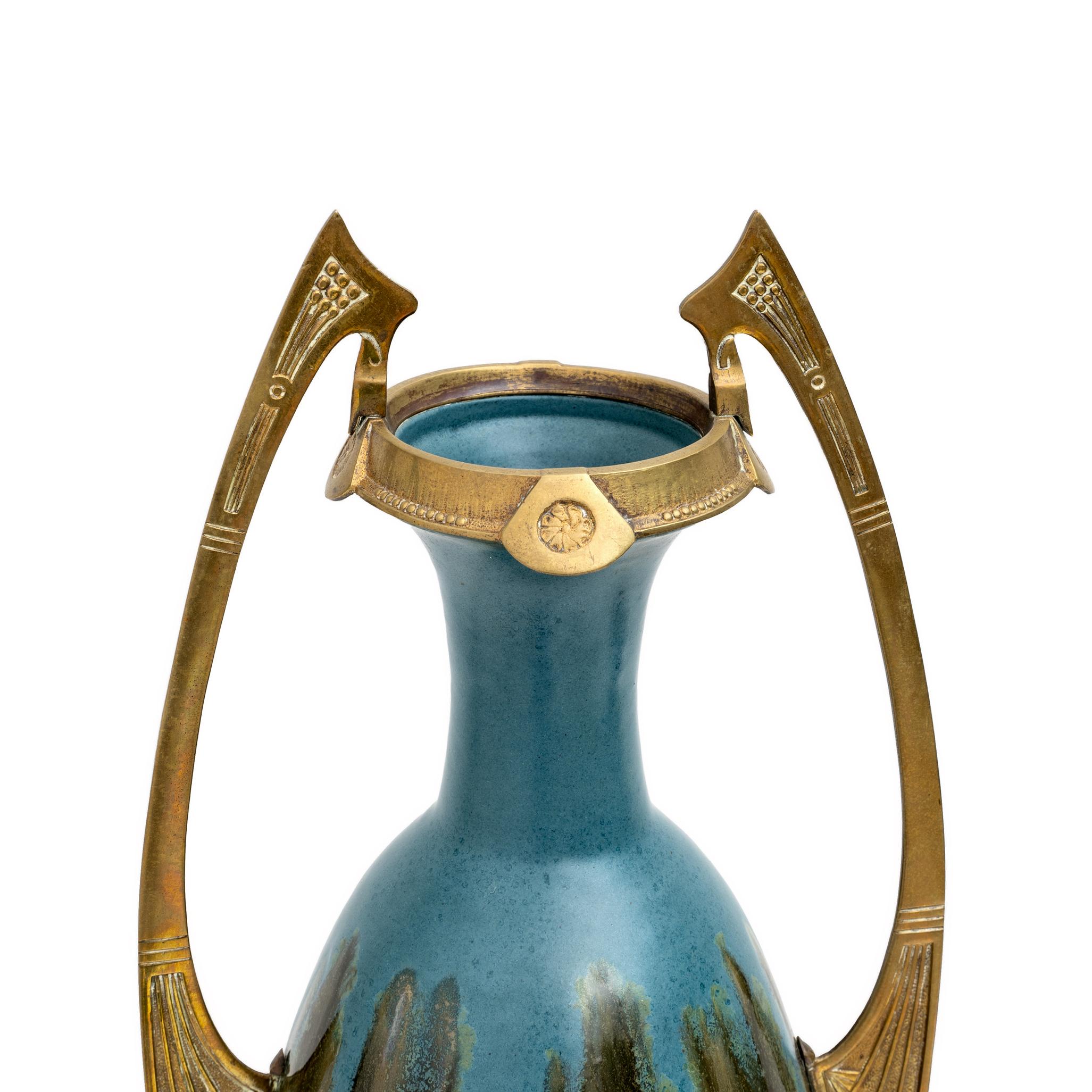 Tedesco Coppia di vasi in bronzo e ceramica Art Nouveau Jugendstil stile Otto Eckman, 1900 in vendita