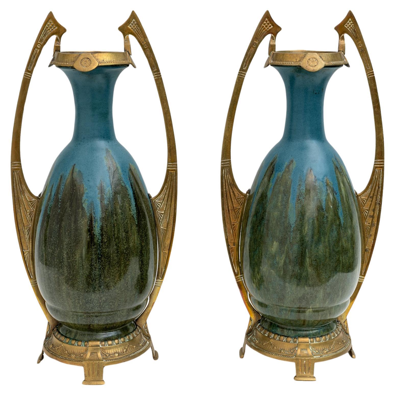 Coppia di vasi in bronzo e ceramica Art Nouveau Jugendstil stile Otto Eckman, 1900