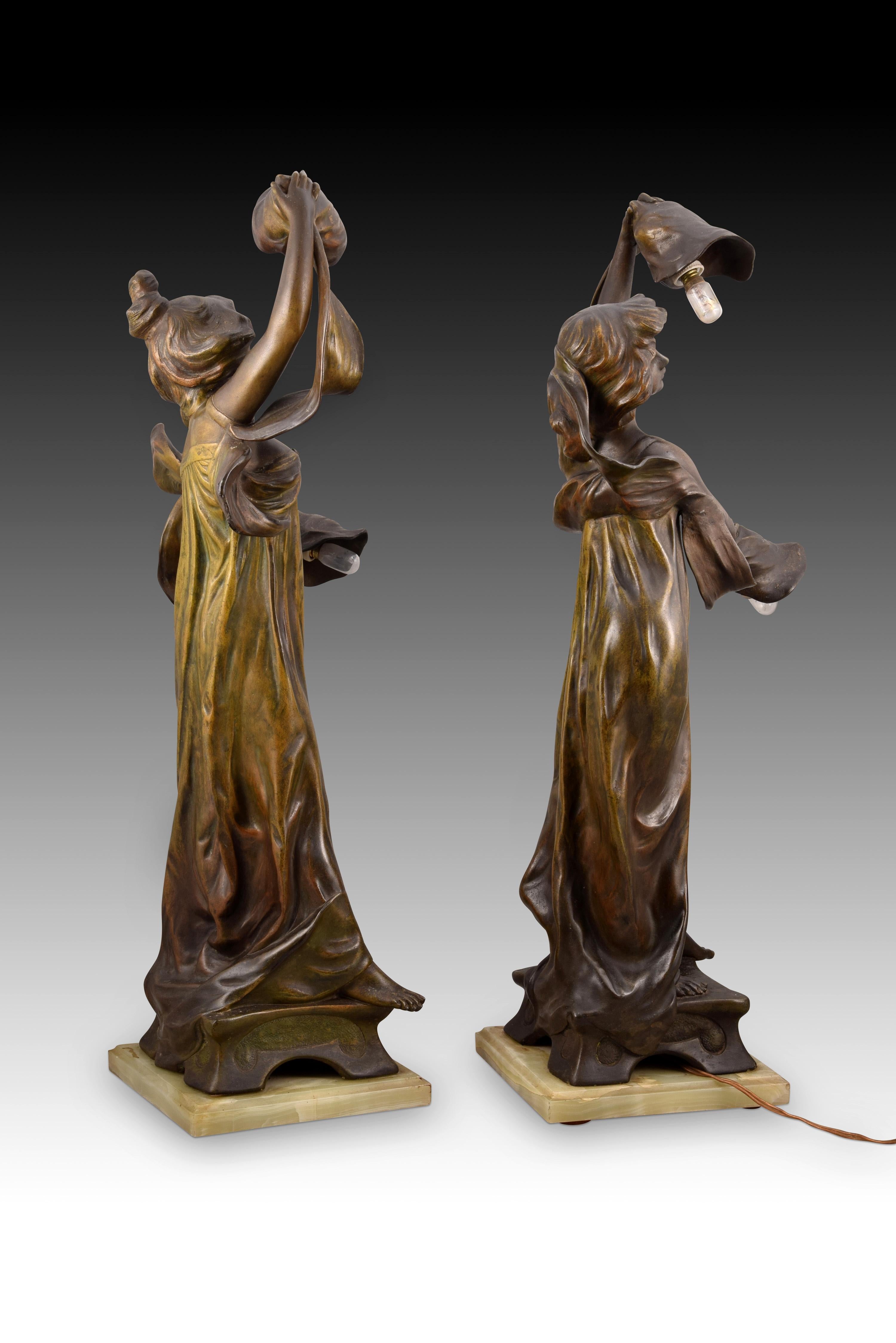 Pair of Art Nouveau Lamps, Calamine, Stone, Europe, Around 1900 1