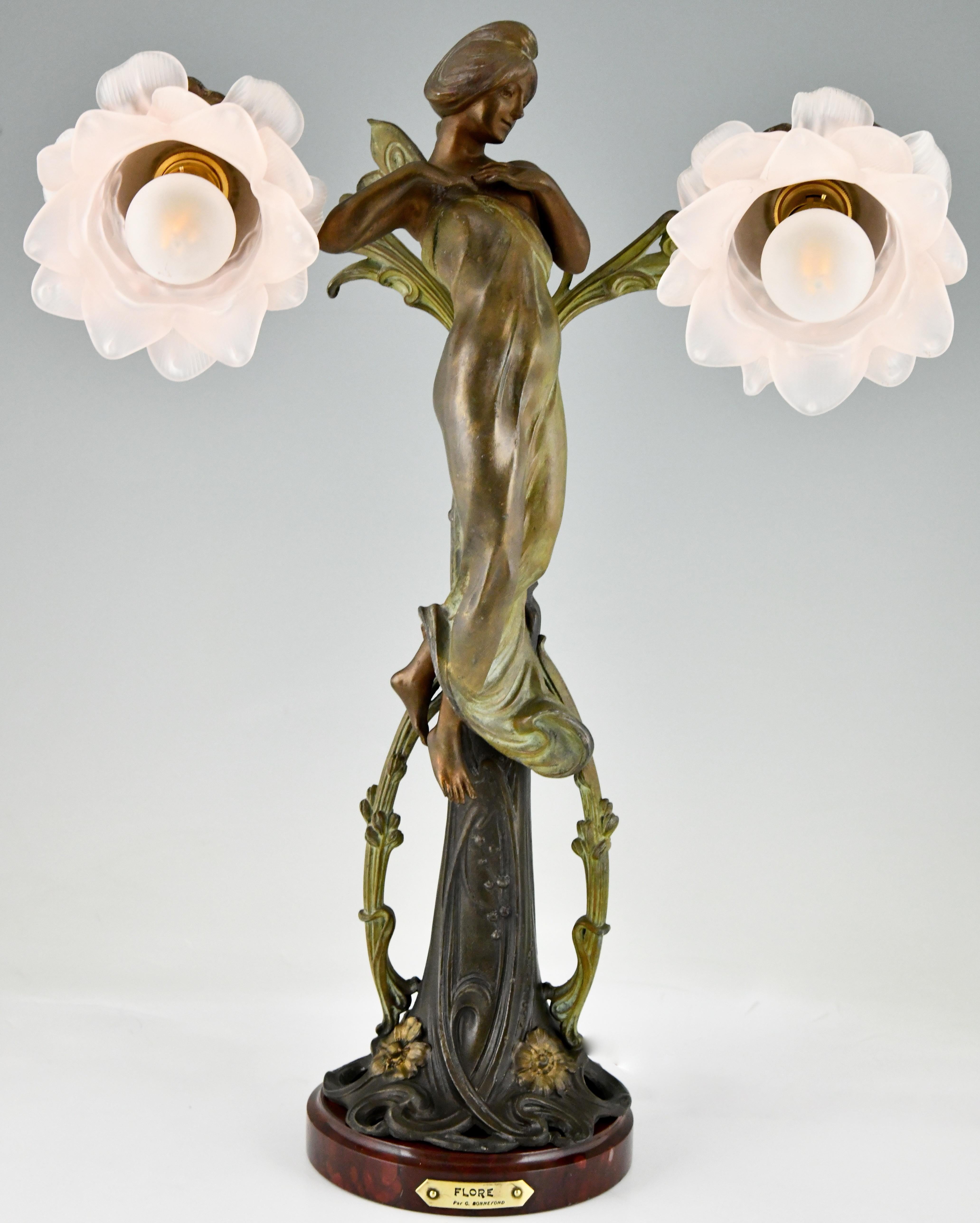 Pair of Art Nouveau Lamps Ladies and Flowers by Bonnefond, France, 1900 4
