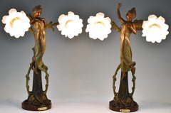 Paire de lampes Art Nouveau Femmes et Fleurs par Bonnefond, France, 1900