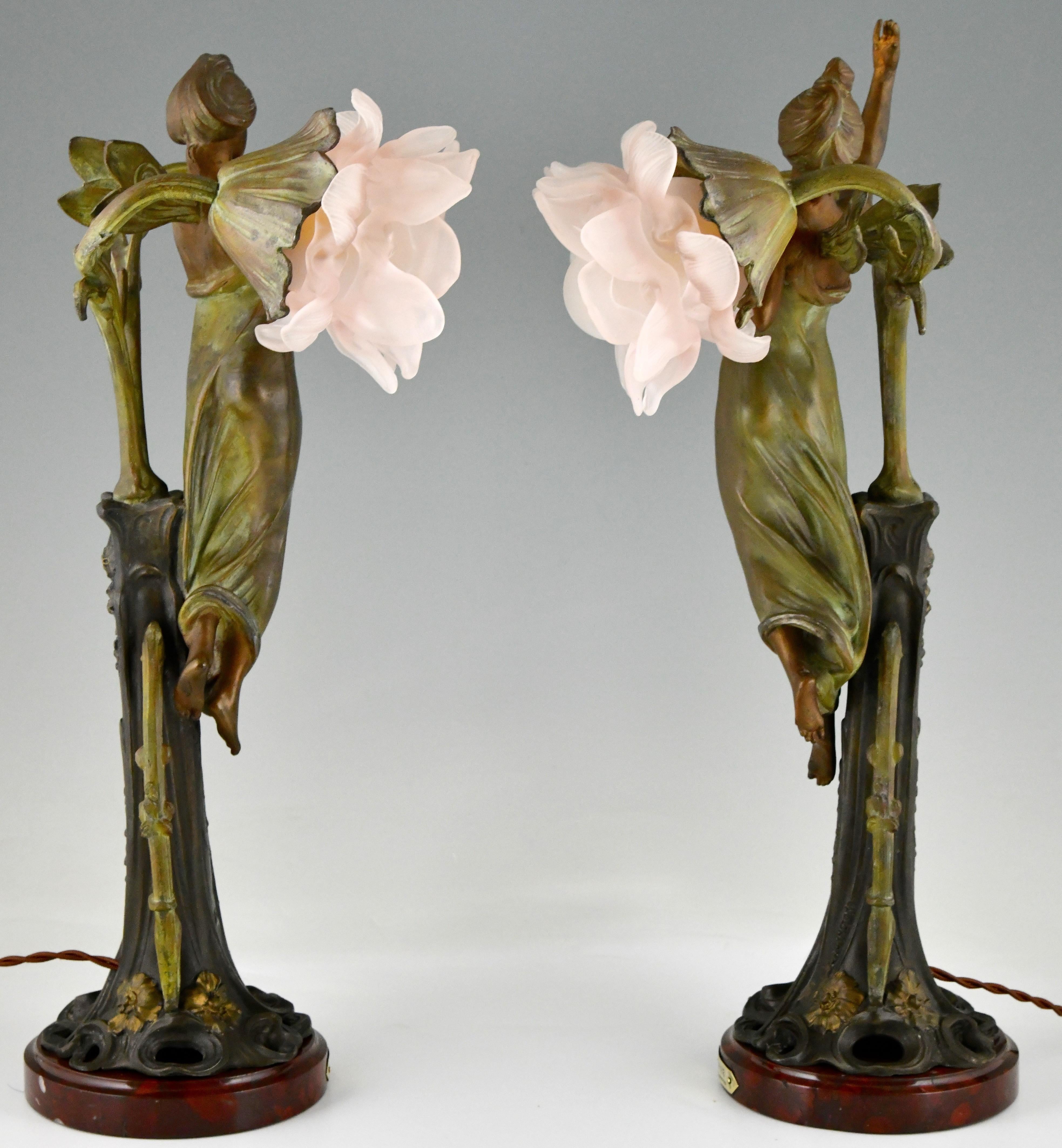 French Pair of Art Nouveau Lamps Ladies and Flowers by Bonnefond, France, 1900