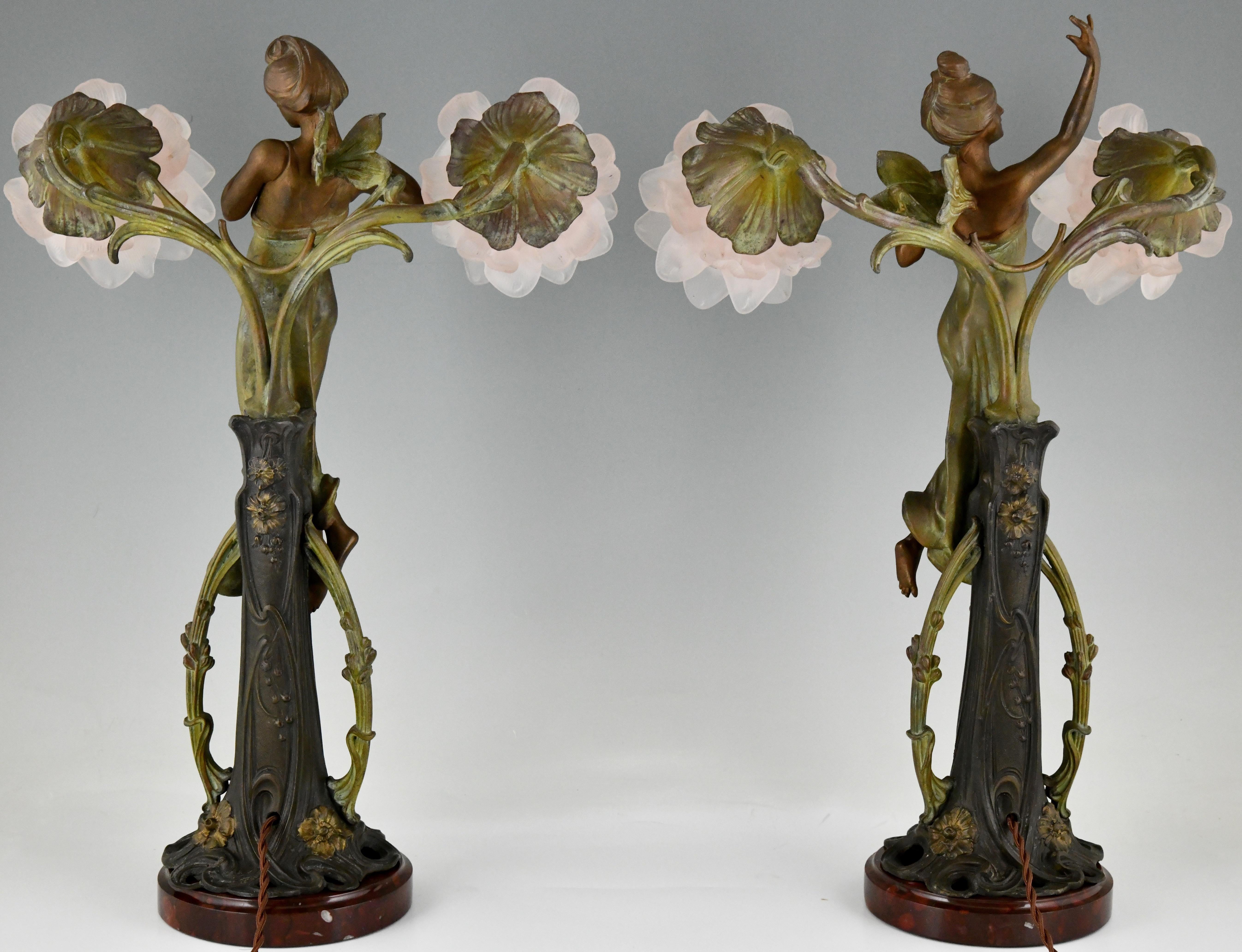 Patinated Pair of Art Nouveau Lamps Ladies and Flowers by Bonnefond, France, 1900