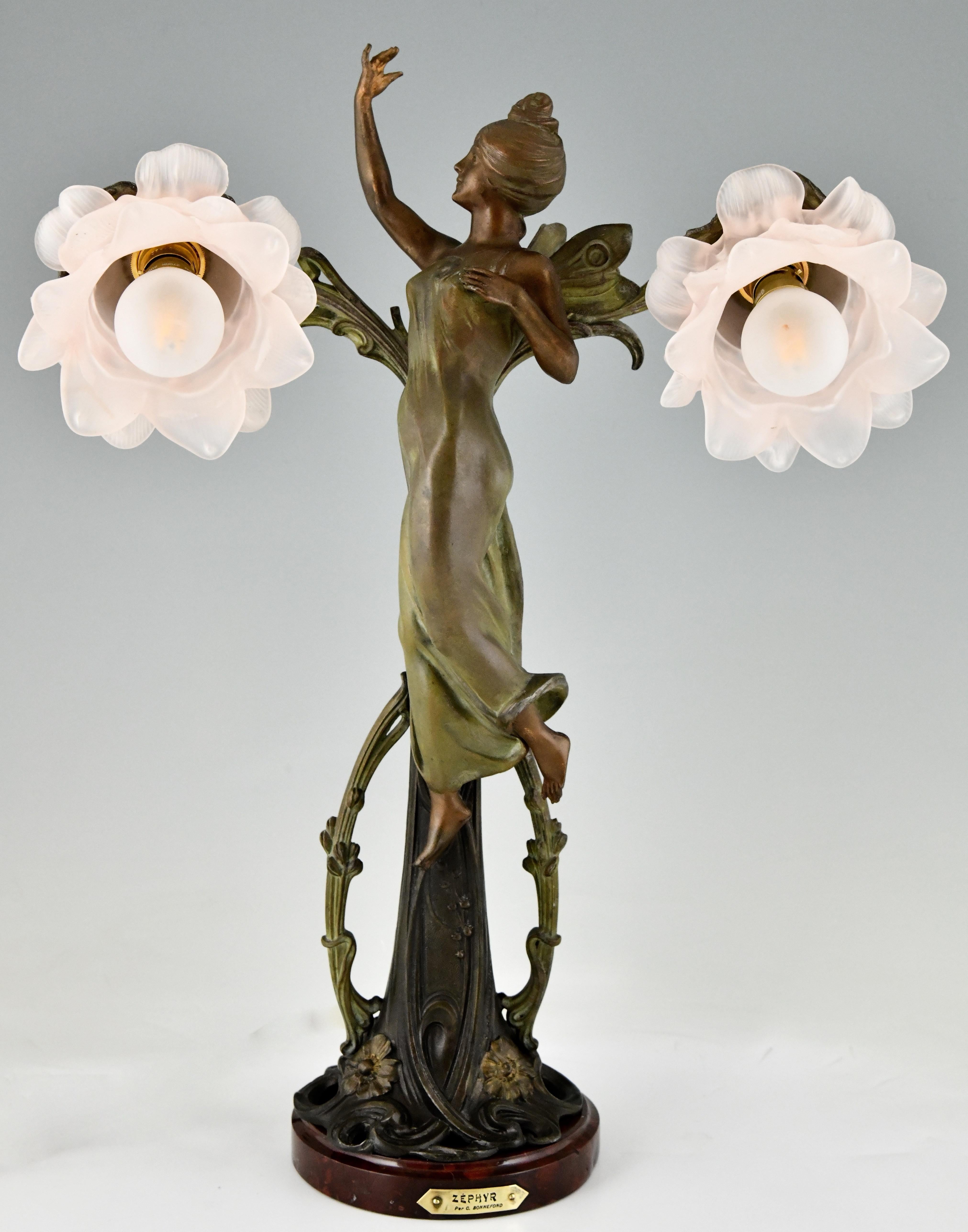 20th Century Pair of Art Nouveau Lamps Ladies and Flowers by Bonnefond, France, 1900