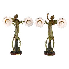 Pair of Art Nouveau Lamps Ladies and Flowers by Bonnefond, France, 1900