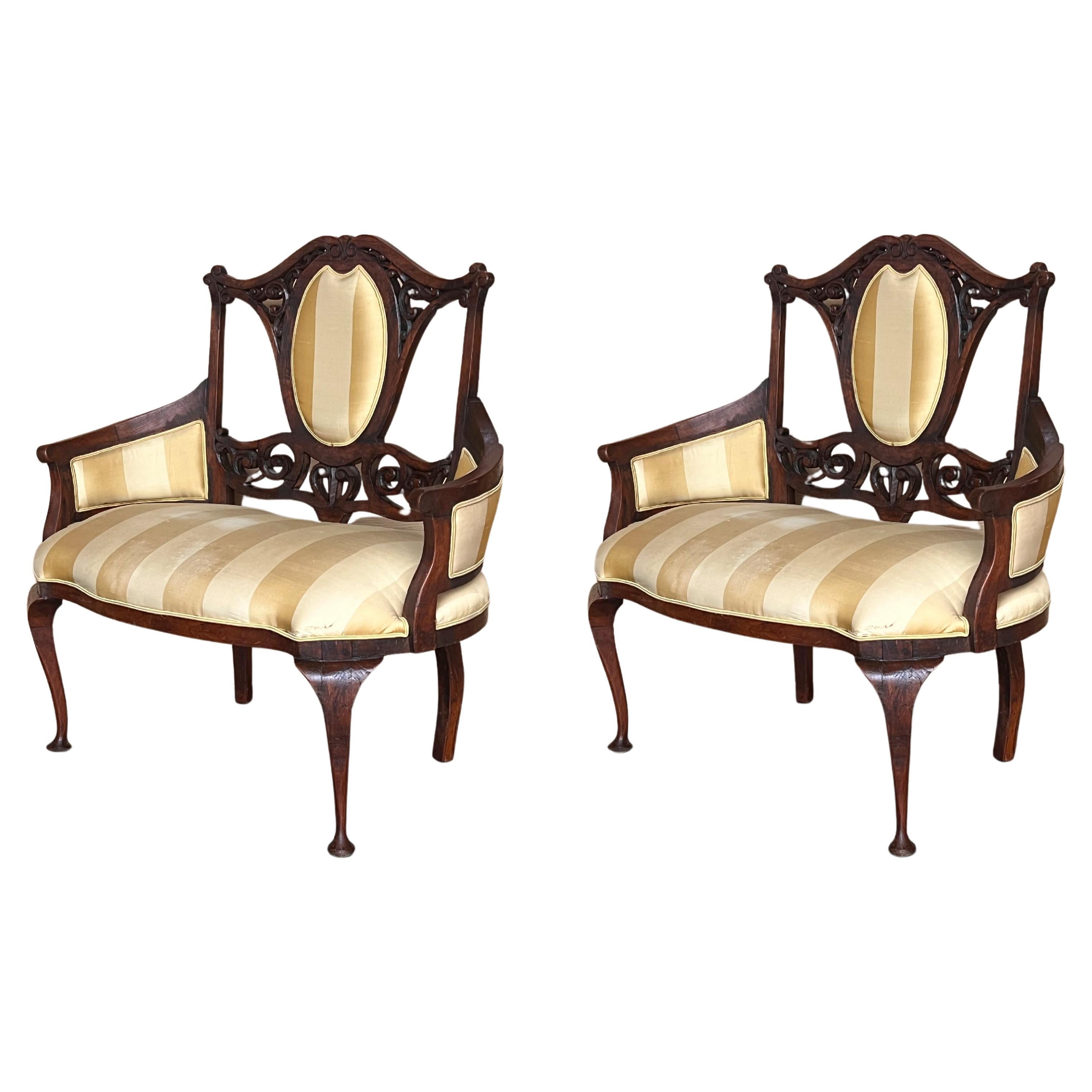 Pair of Art Nouveau Large Armchairs in Walnut For Sale