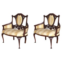 Antique Pair of Art Nouveau Large Armchairs in Walnut
